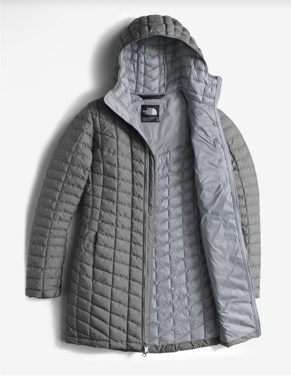 North face Thermoball Parka hooded quilted long gray jacket pockets, size Medium